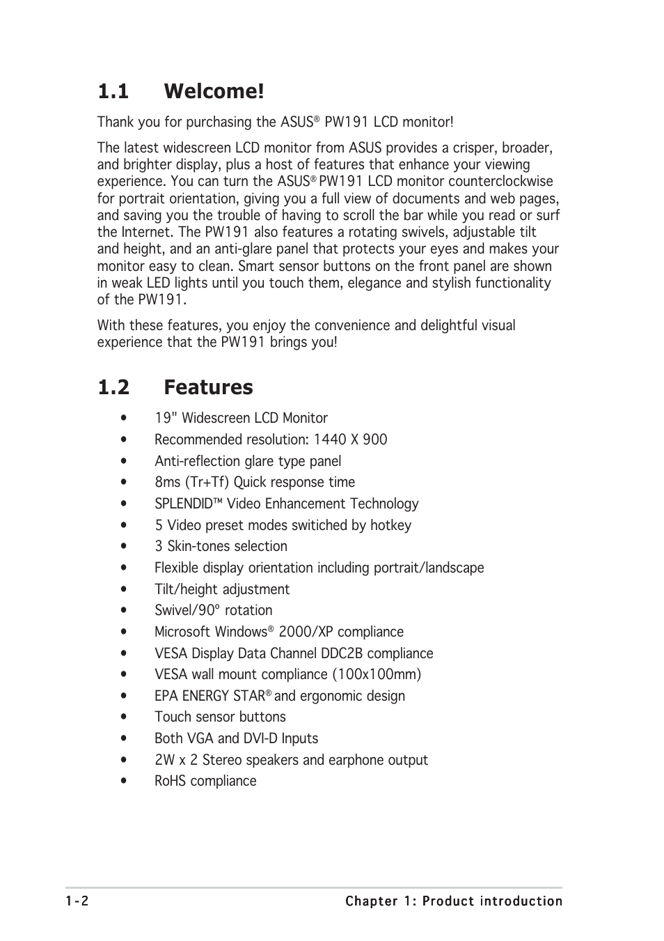 1 welcome, 2 features | Asus PW191 User Manual | Page 10 / 30