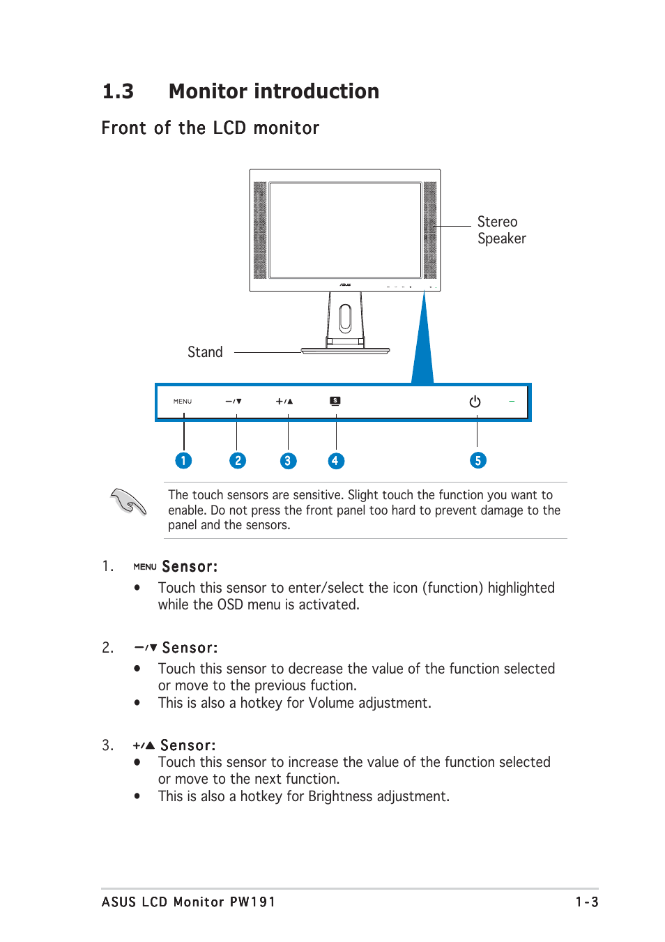 3 monitor introduction, Front of the lcd monitor | Asus PW191 User Manual | Page 11 / 30