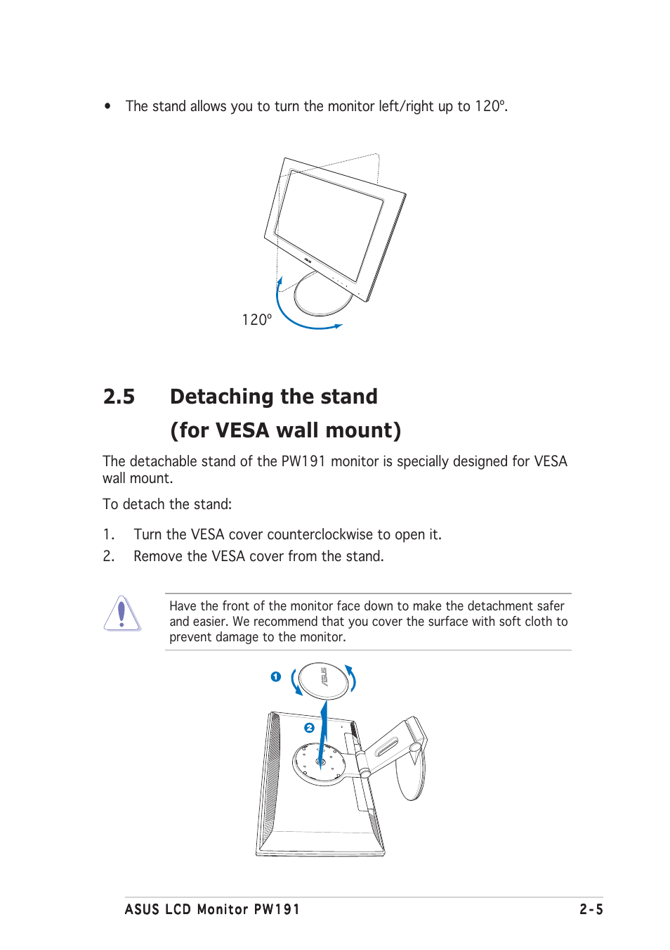 5 detaching the stand (for vesa wall mount) | Asus PW191 User Manual | Page 19 / 30