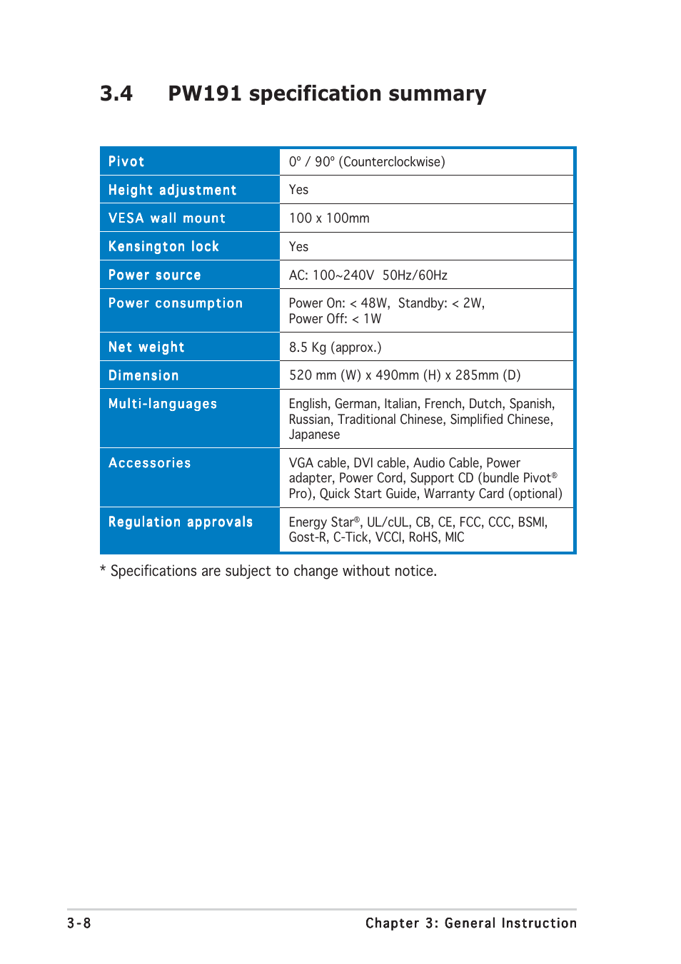 4 pw191 specification summary | Asus PW191 User Manual | Page 28 / 30