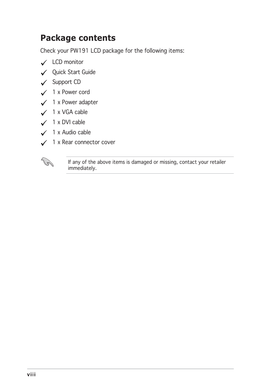 Package contents | Asus PW191 User Manual | Page 8 / 30