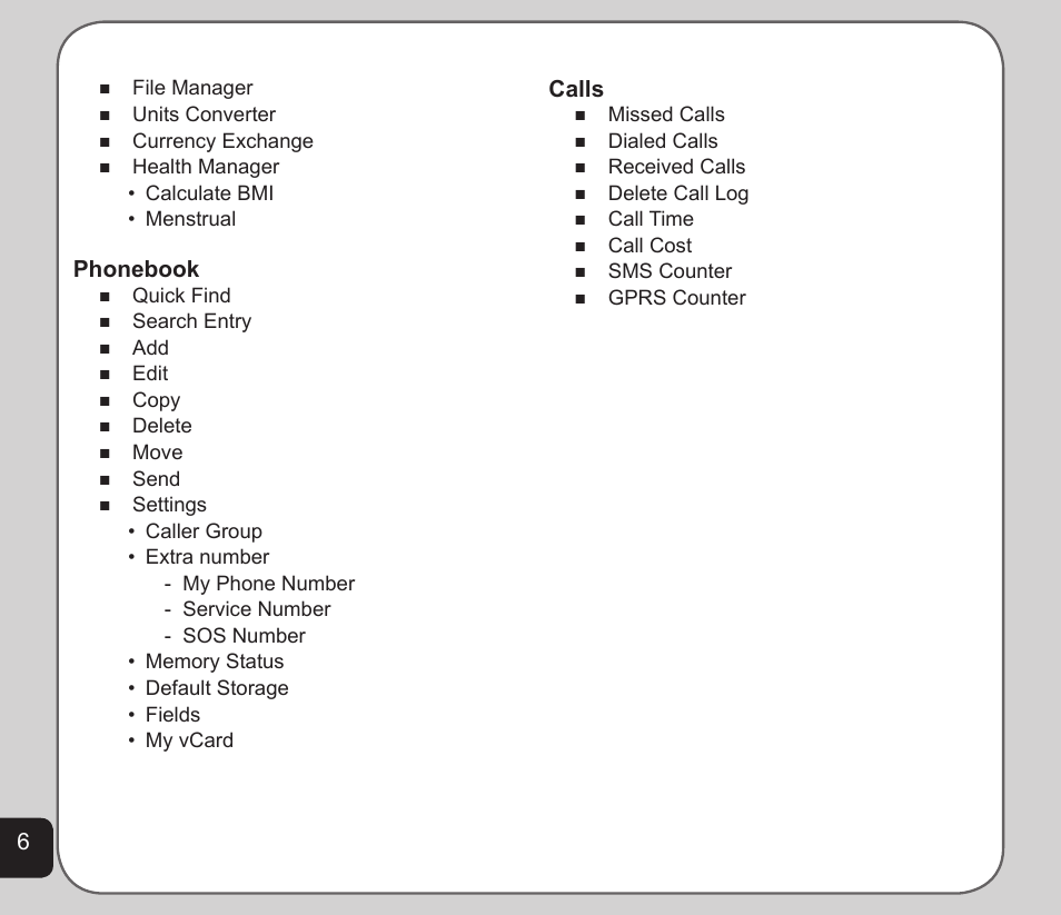 Phonebook, Calls | Asus V75 User Manual | Page 10 / 78