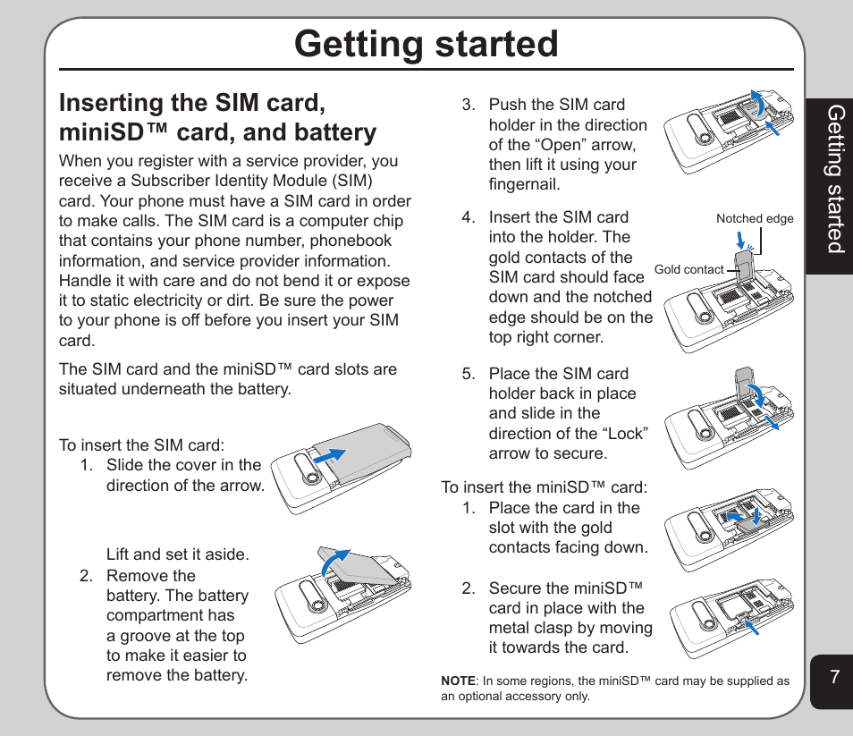 Inserting the sim card, minisd™ card, and battery, Getting started | Asus V75 User Manual | Page 11 / 78