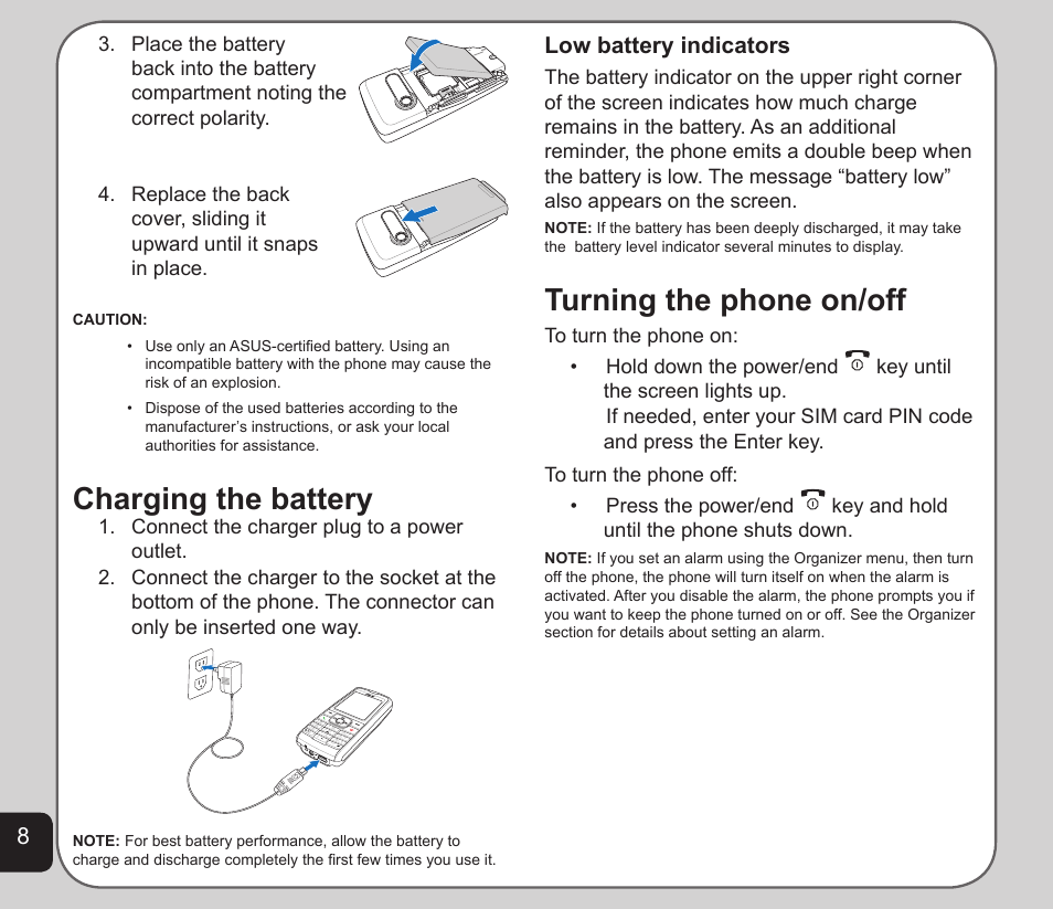 Turning the phone on/off, Charging the battery, Low battery indicators | Asus V75 User Manual | Page 12 / 78