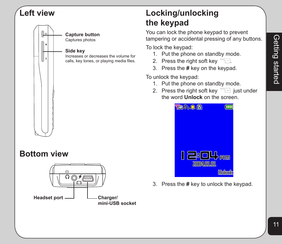 Locking/unlocking the keypad, Left view, Bottom view | Getting started | Asus V75 User Manual | Page 15 / 78