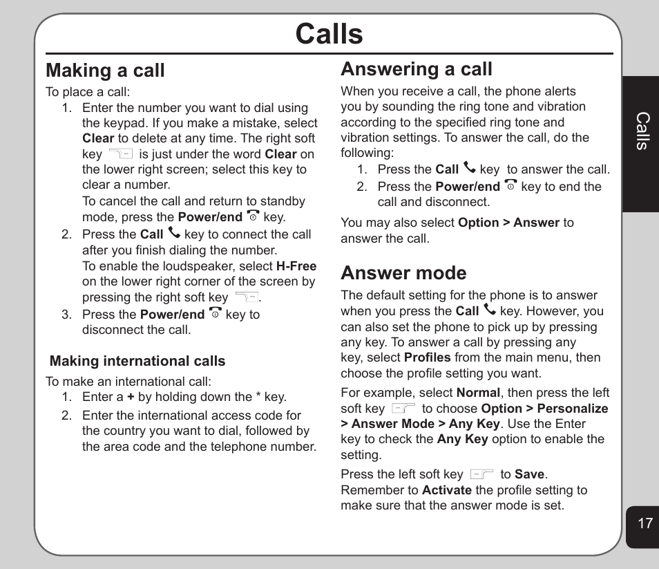 Calls, Making a call, Answering a call | Answer mode | Asus V75 User Manual | Page 21 / 78