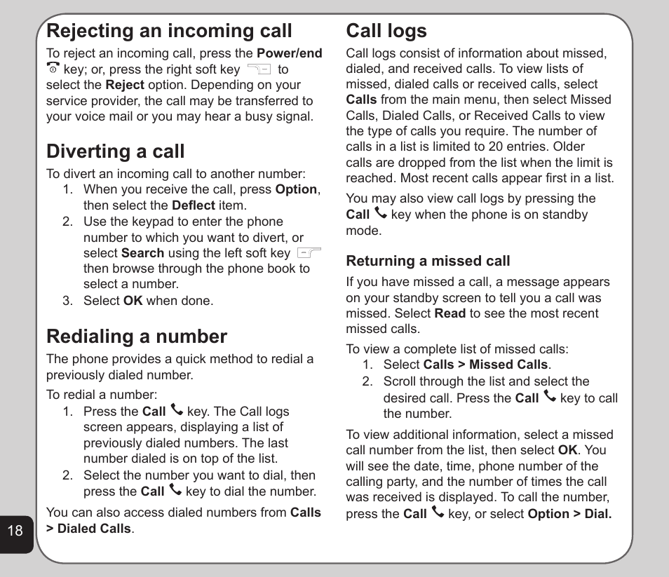 Rejecting an incoming call, Diverting a call, Redialing a number | Call logs | Asus V75 User Manual | Page 22 / 78