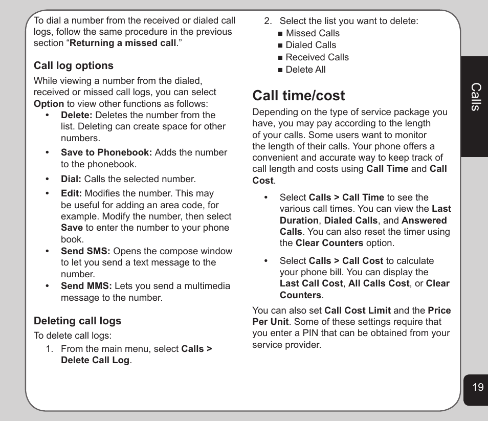 Call time/cost, Calls | Asus V75 User Manual | Page 23 / 78