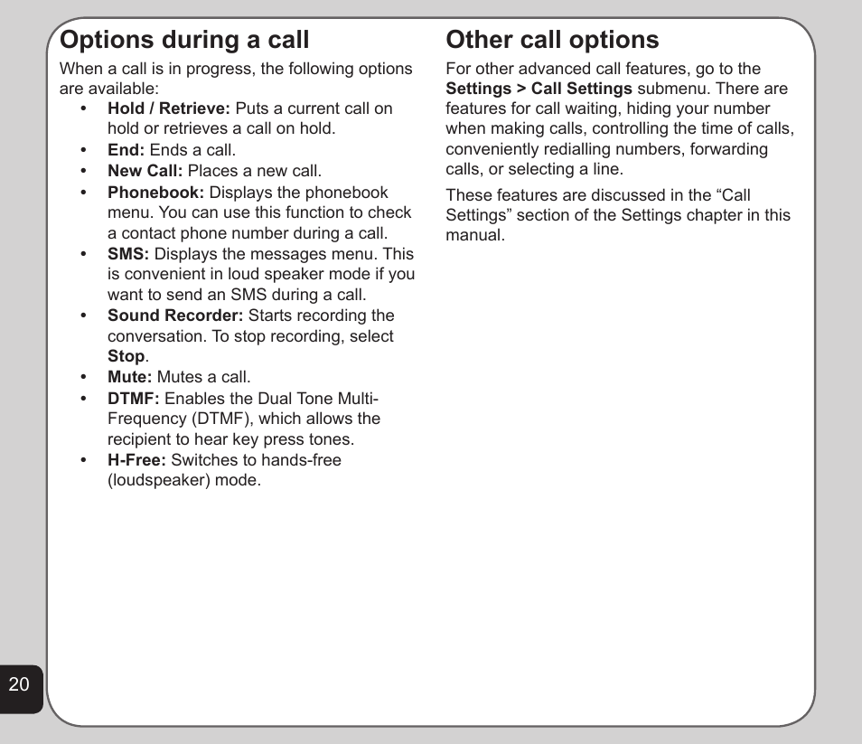 Options during a call, Other call options | Asus V75 User Manual | Page 24 / 78