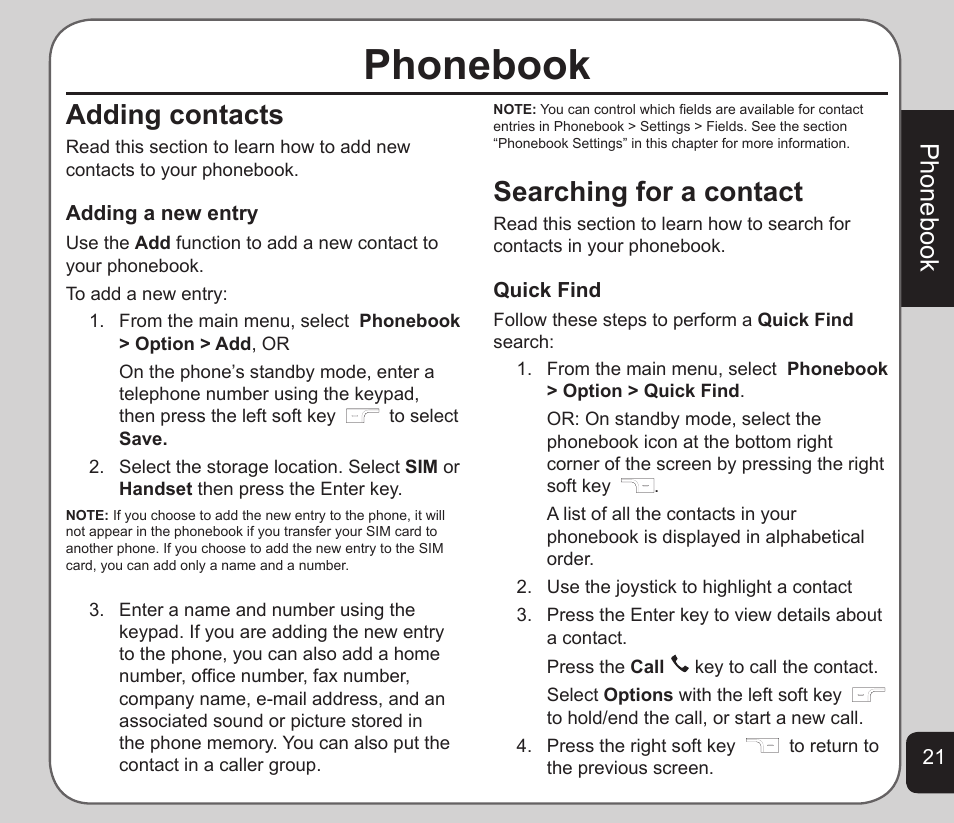 Phonebook, Adding contacts, Searching for a contact | Asus V75 User Manual | Page 25 / 78