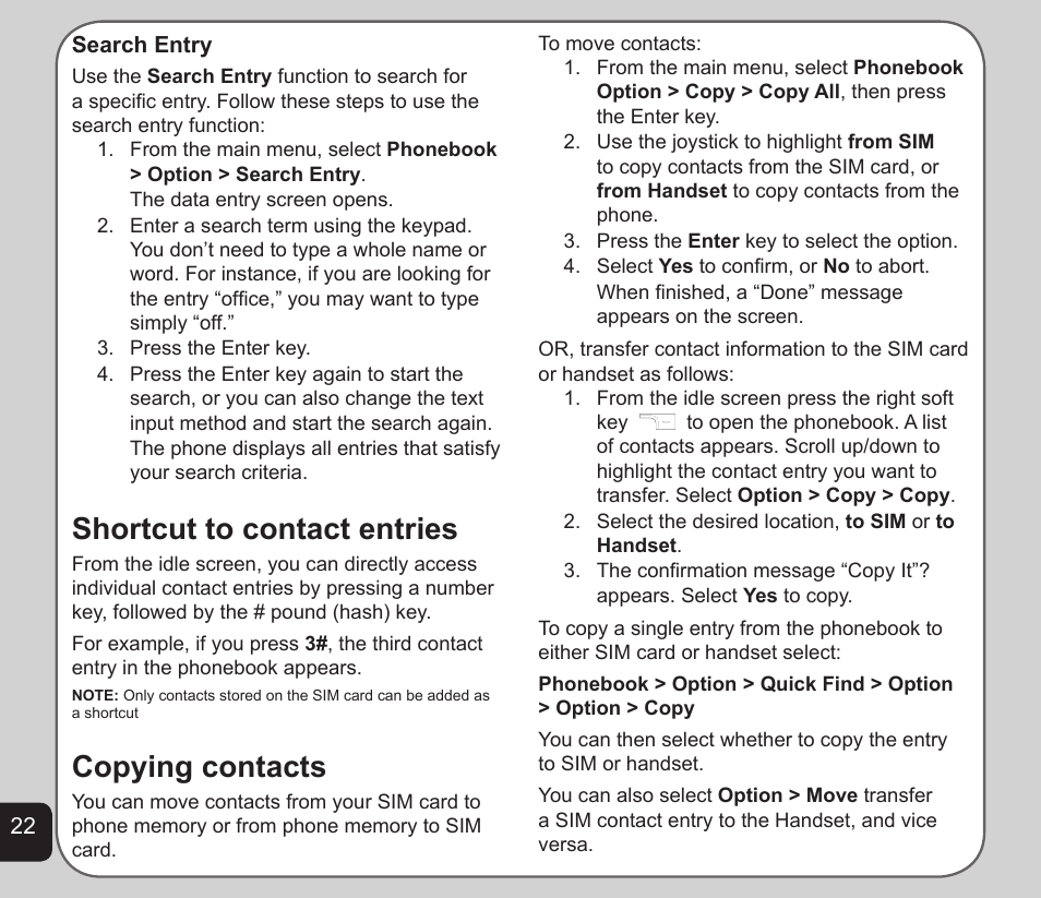 Shortcut to contact entries, Copying contacts | Asus V75 User Manual | Page 26 / 78