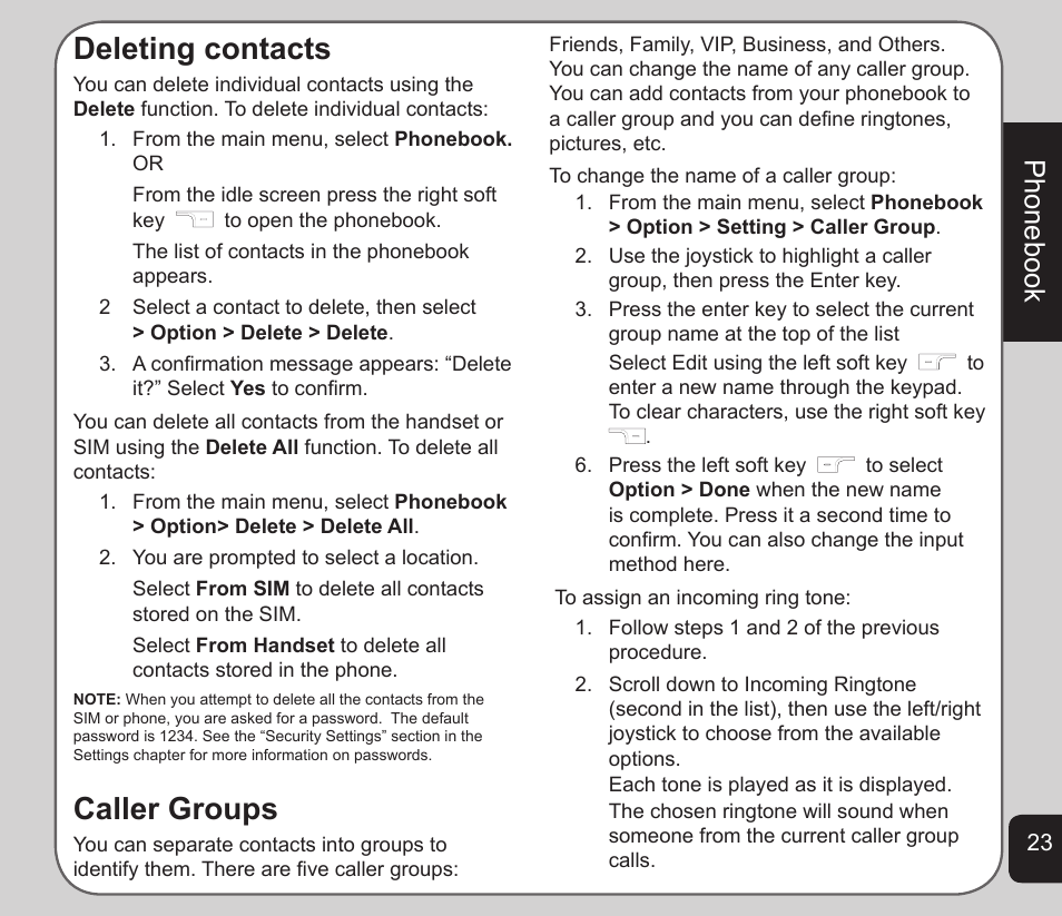 Deleting contacts, Caller groups, Phonebook | Asus V75 User Manual | Page 27 / 78