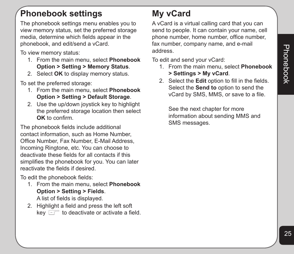 Phonebook settings, My vcard, Phonebook | Asus V75 User Manual | Page 29 / 78