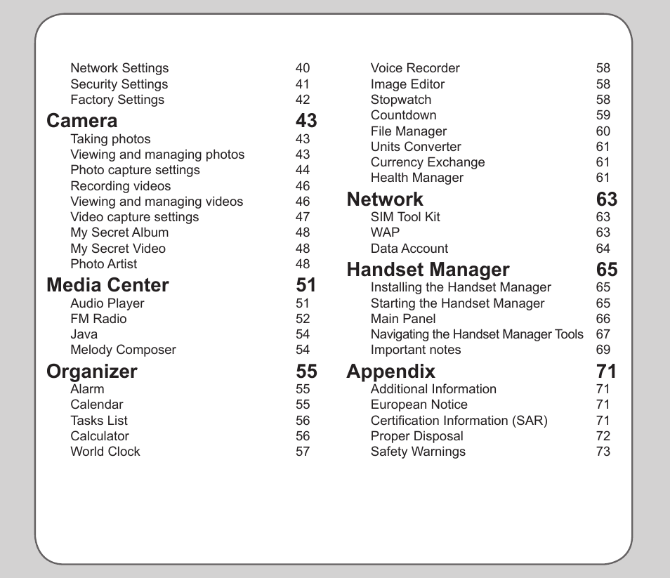 Camera 43, Media center 51, Organizer 55 | Network 63, Handset manager 65, Appendix 71 | Asus V75 User Manual | Page 3 / 78