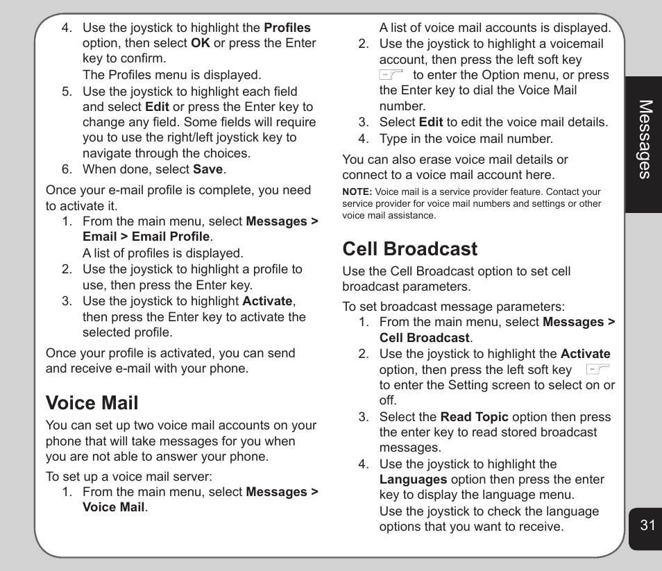 Voice mail, Cell broadcast, Messages | Asus V75 User Manual | Page 35 / 78