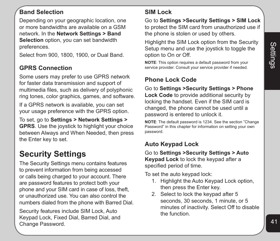 Security settings, Settings | Asus V75 User Manual | Page 45 / 78