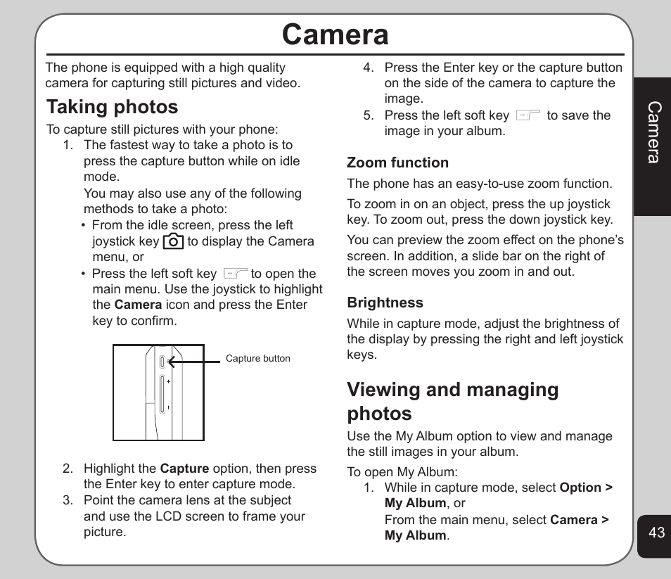 Camera, Taking photos, Viewing and managing photos | Asus V75 User Manual | Page 47 / 78