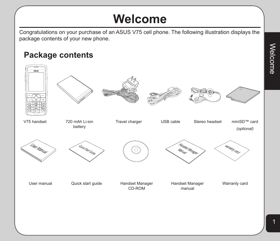 Welcome, Package contents | Asus V75 User Manual | Page 5 / 78