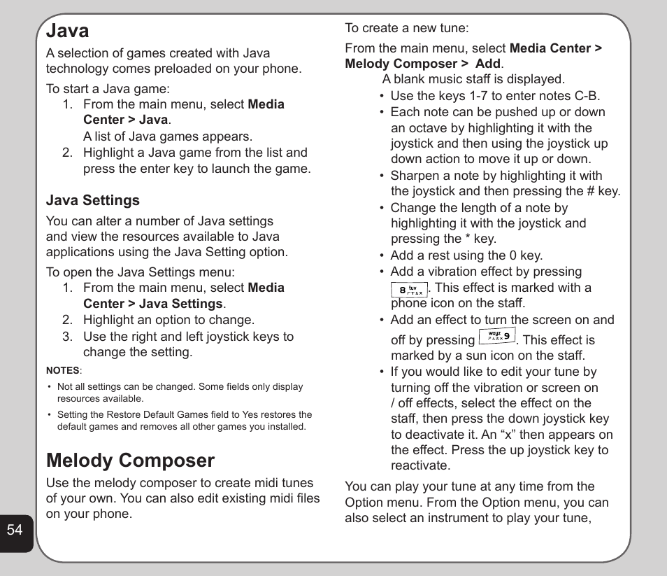 Java, Melody composer | Asus V75 User Manual | Page 58 / 78