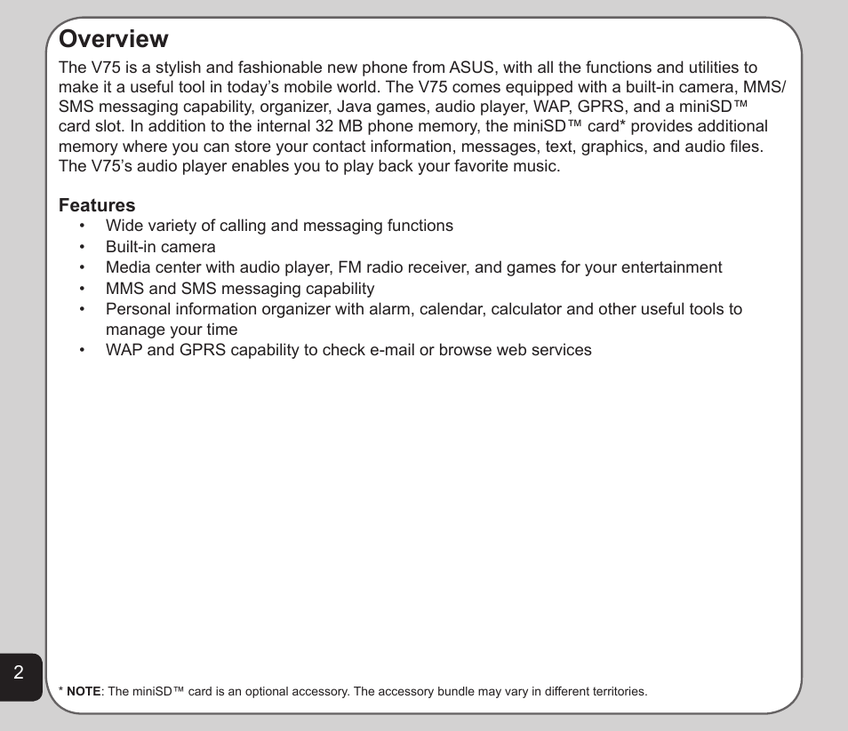 Overview | Asus V75 User Manual | Page 6 / 78