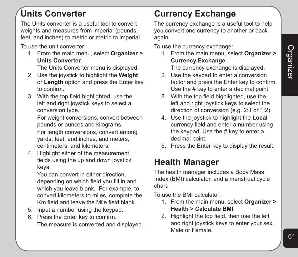 Units converter, Currency exchange, Health manager | Organizer | Asus V75 User Manual | Page 65 / 78