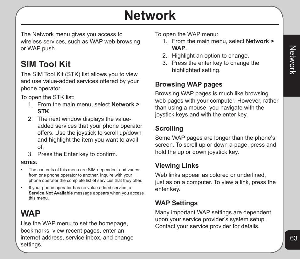 Network, Sim tool kit | Asus V75 User Manual | Page 67 / 78