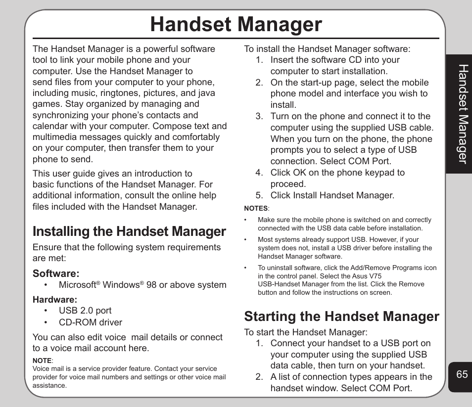 Handset manager, Installing the handset manager, Starting the handset manager | Asus V75 User Manual | Page 69 / 78