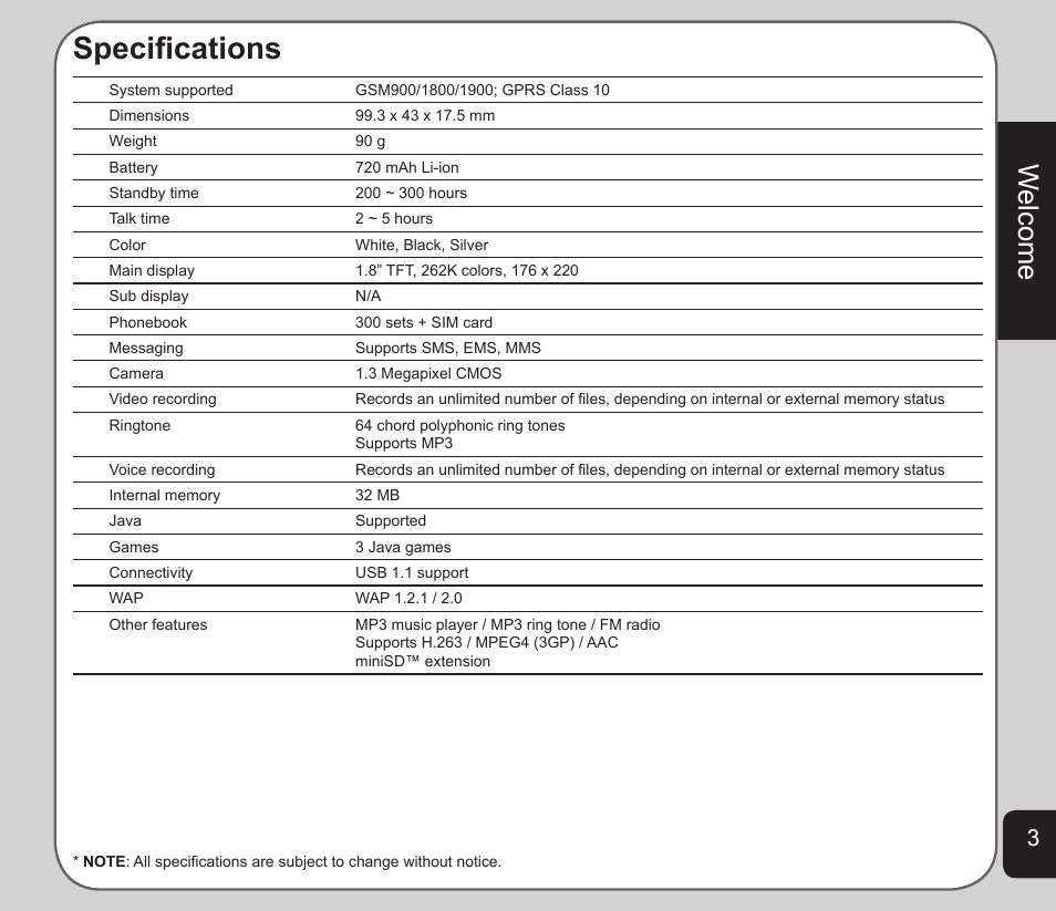 Speciﬁcations, Welcome | Asus V75 User Manual | Page 7 / 78