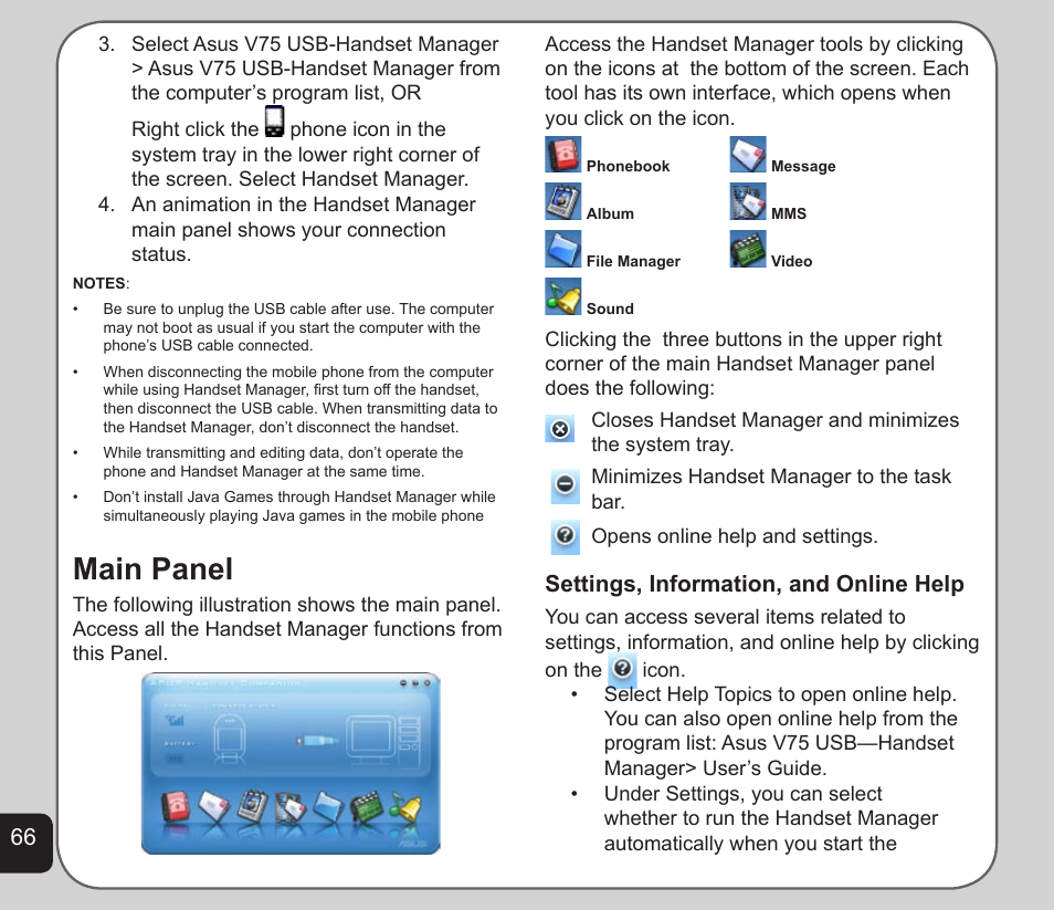 Main panel, Settings, information, and online help | Asus V75 User Manual | Page 70 / 78