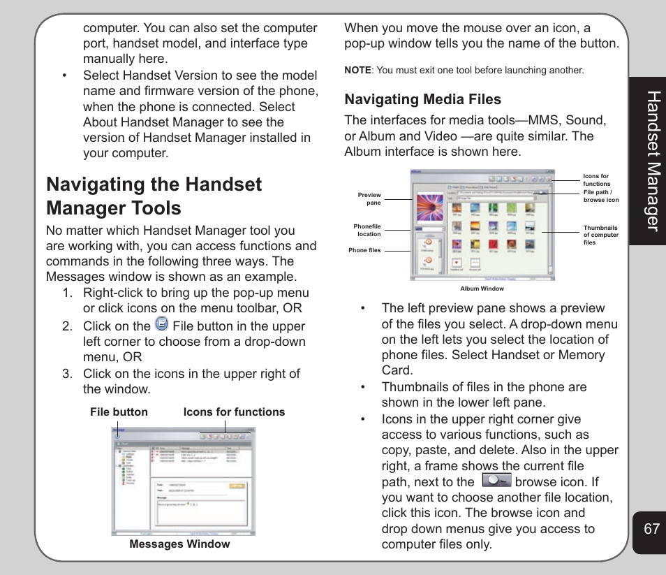 Navigating the handset manager tools 67, Navigating the handset manager tools, Handset manager | Navigating media files | Asus V75 User Manual | Page 71 / 78