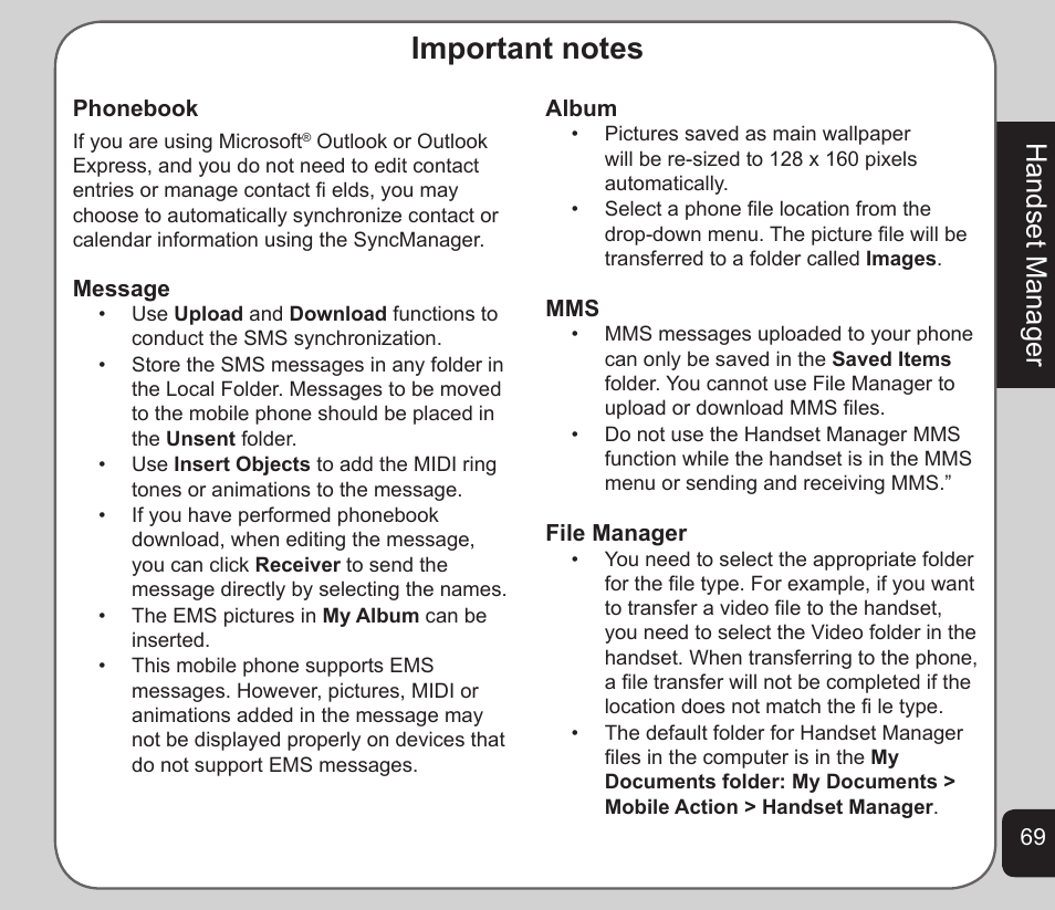 Important notes, Handset manager | Asus V75 User Manual | Page 73 / 78