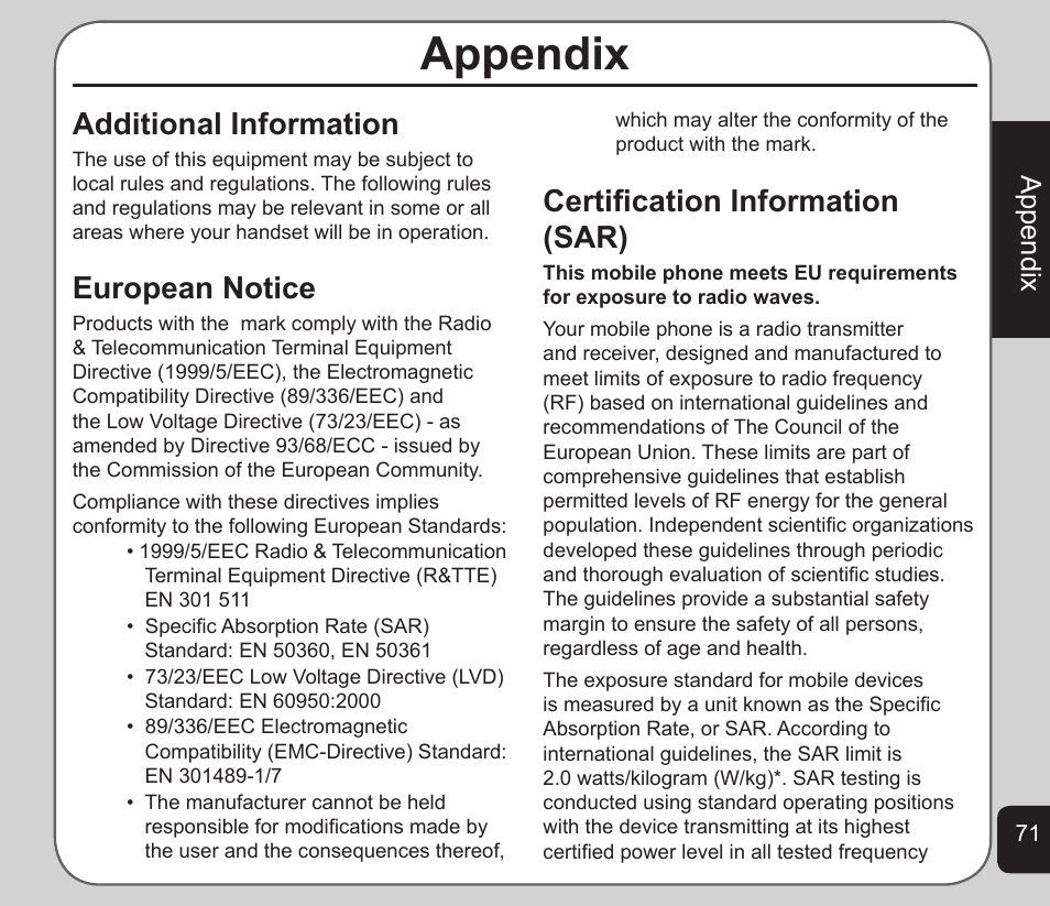 Appendix, Additional information, European notice | Certiﬁcation information (sar) | Asus V75 User Manual | Page 75 / 78