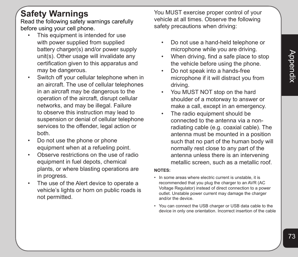 Safety warnings, Appendix | Asus V75 User Manual | Page 77 / 78