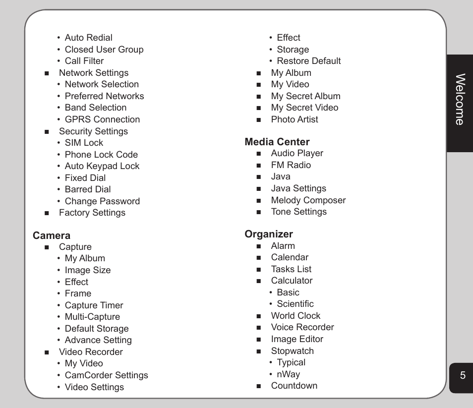 Welcome, Camera, Media center | Organizer | Asus V75 User Manual | Page 9 / 78