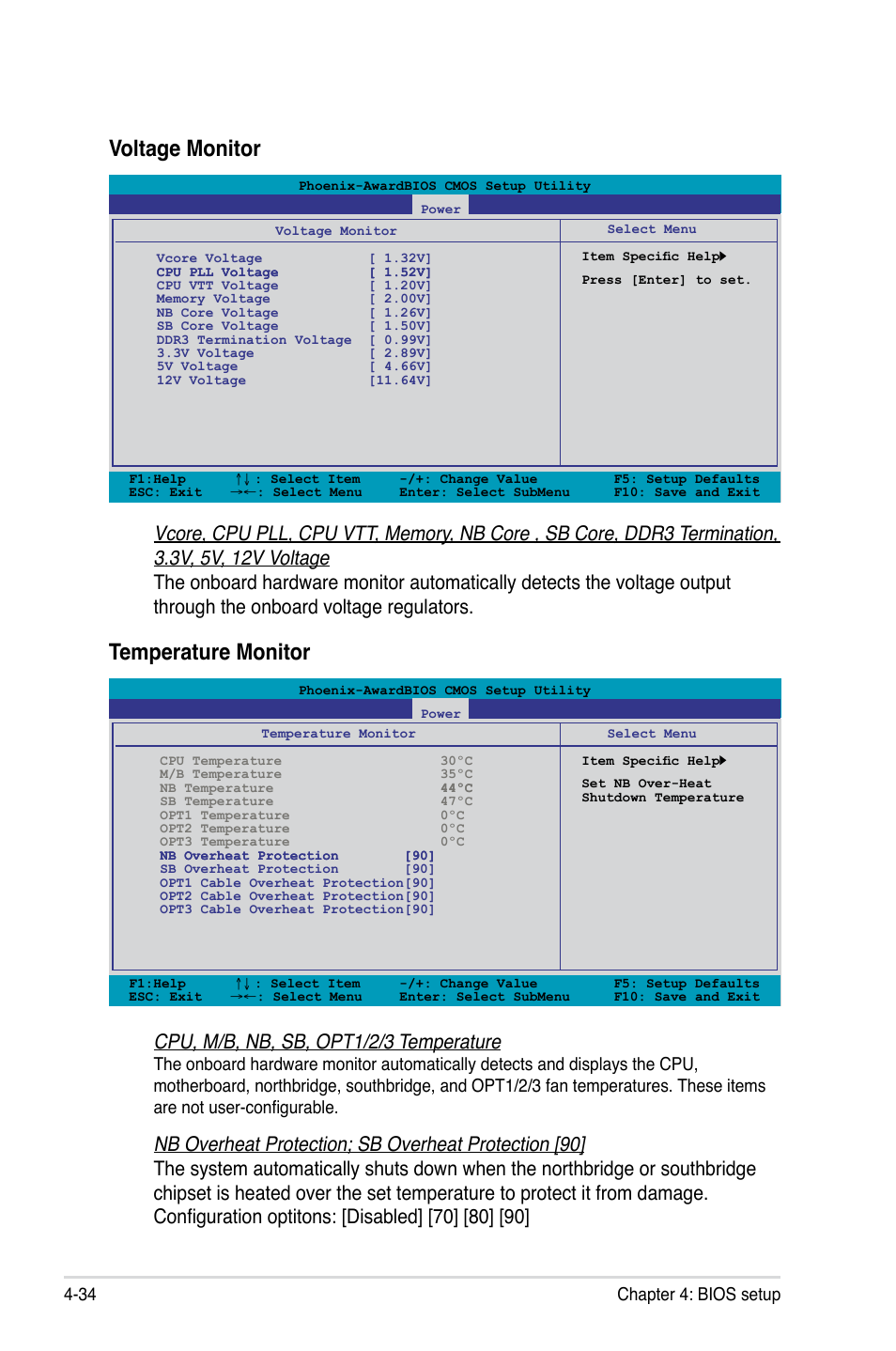 Temperature monitor, Voltage monitor, Cpu, m/b, nb, sb, opt1/2/3 temperature | 34 chapter 4: bios setup | Asus E3746 User Manual | Page 112 / 196