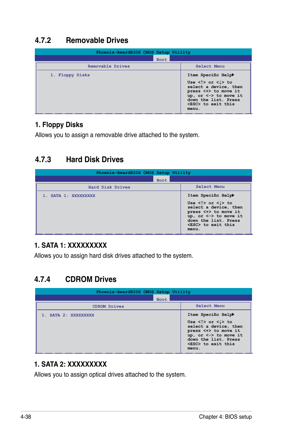 2 removable drives, 3 hard disk drives, 4 cdrom drives | Removable drives -38, Hard disk drives -38, Cdrom drives -38, Floppy disks | Asus E3746 User Manual | Page 116 / 196