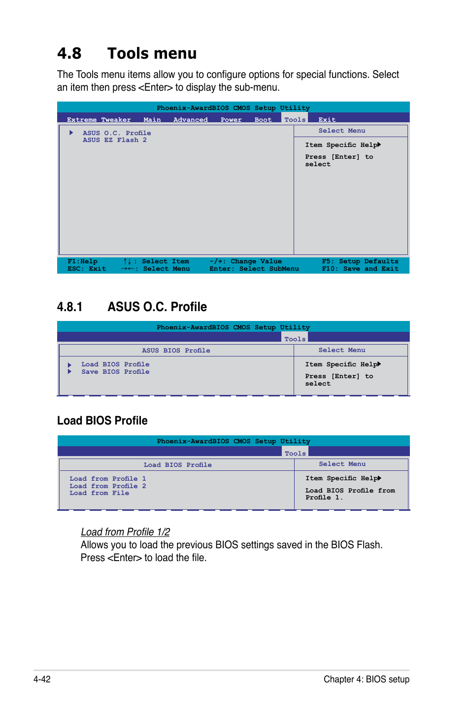 8 tools menu, 1 asus o.c. profile, Tools menu -42 4.8.1 | Asus o.c. profile -42, Load bios profile | Asus E3746 User Manual | Page 120 / 196