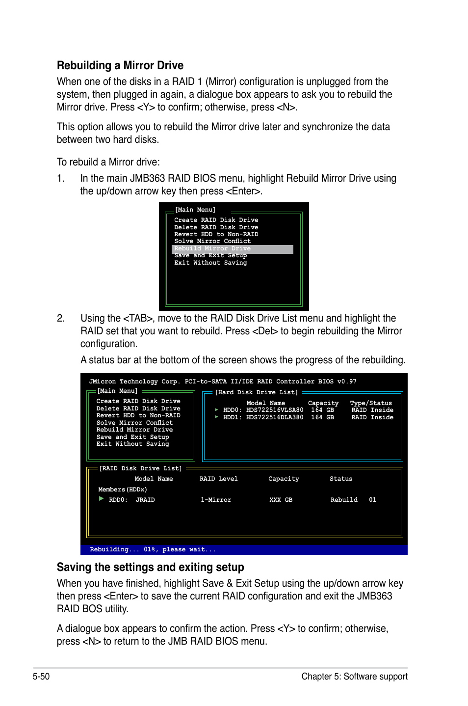 Saving the settings and exiting setup, Rebuilding a mirror drive | Asus E3746 User Manual | Page 176 / 196