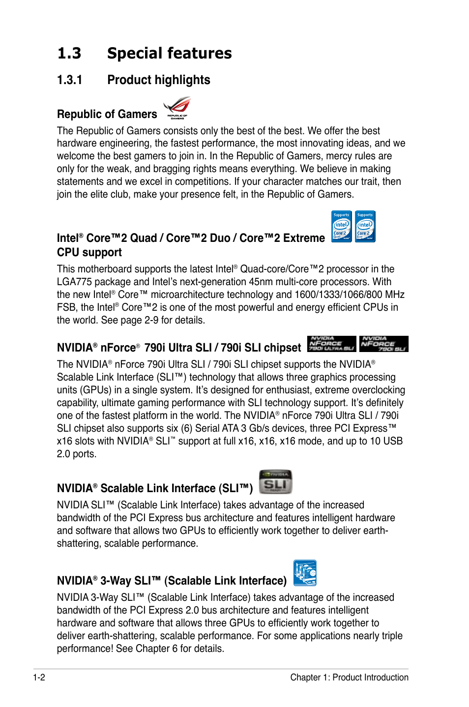 3 special features, 1 product highlights, Special features -2 1.3.1 | Product highlights -2, Republic of gamers, Intel, Nvidia, Nforce, Scalable link interface (sli™), Way sli™ (scalable link interface) | Asus E3746 User Manual | Page 18 / 196