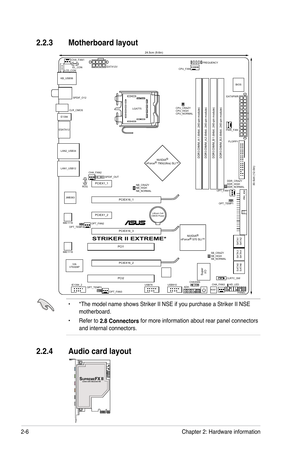 3 motherboard layout, 4 audio card layout, Motherboard layout -6 | Audio card layout -6, 6 chapter 2: hardware information, Striker ii extreme | Asus E3746 User Manual | Page 32 / 196