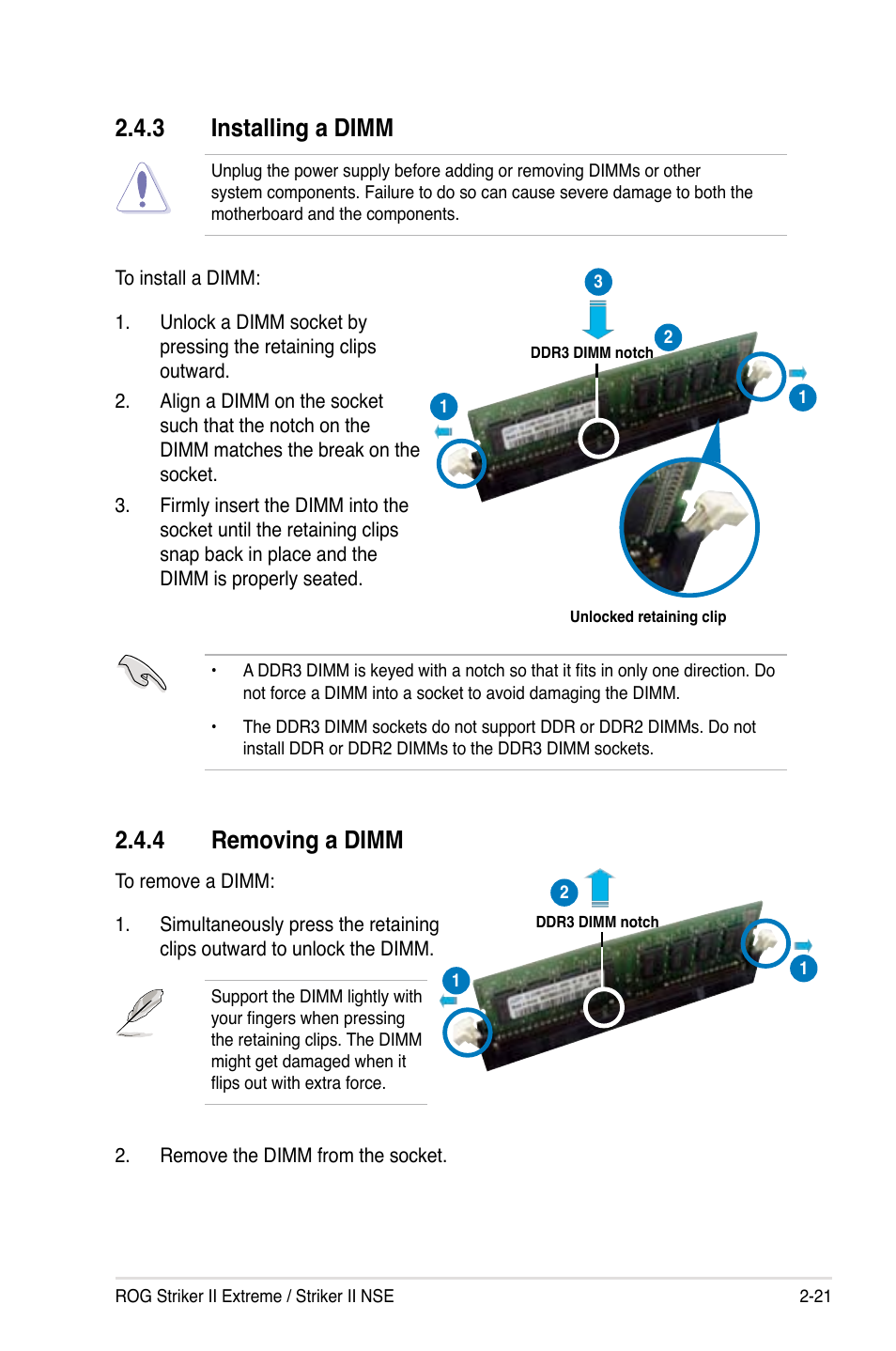 3 installing a dimm, 4 removing a dimm, Installing a dimm -21 | Removing a dimm -21 | Asus E3746 User Manual | Page 47 / 196