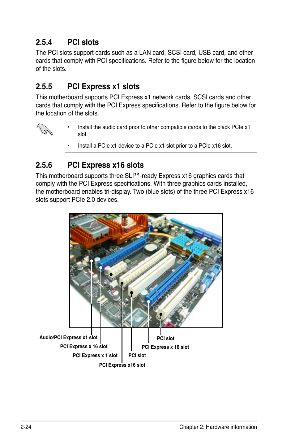 4 pci slots, 5 pci express x1 slots, 6 pci express x16 slots | Pci slots -24, Pci express x1 slots -24, Pci express x16 slots -24 | Asus E3746 User Manual | Page 50 / 196