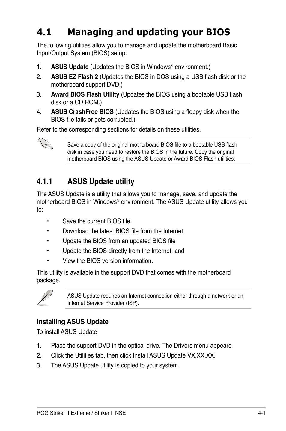 1 managing and updating your bios, 1 asus update utility, Managing and updating your bios -1 4.1.1 | Asus update utility -1 | Asus E3746 User Manual | Page 79 / 196