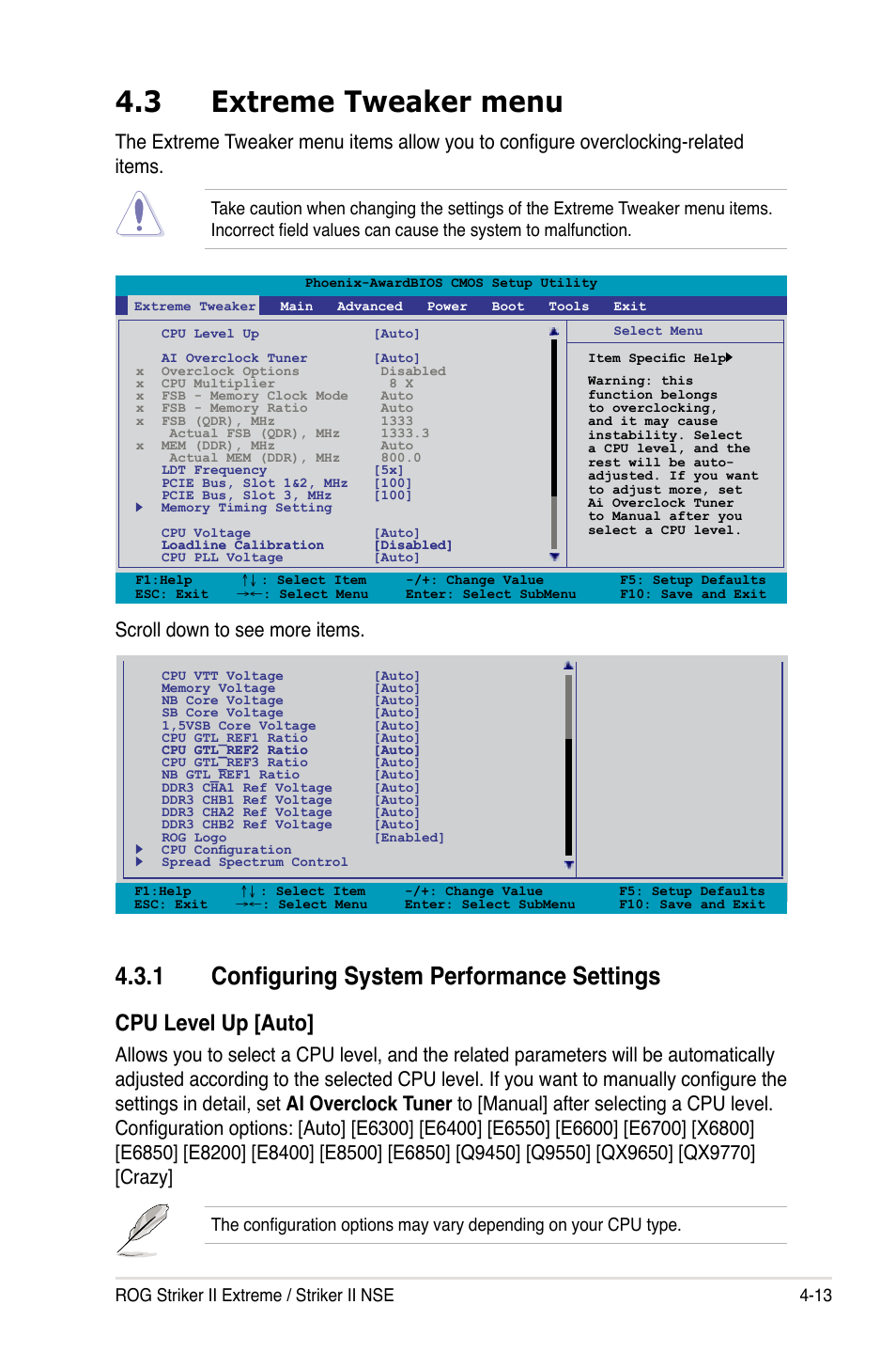 3 extreme tweaker menu, 1 configuring system performance settings, Extreme tweaker menu -13 4.3.1 | Configuring system performance settings -13, 1 configure system performance settings, Cpu level up [auto, Scroll down to see more items, Rog striker ii extreme / striker ii nse 4-13 | Asus E3746 User Manual | Page 91 / 196