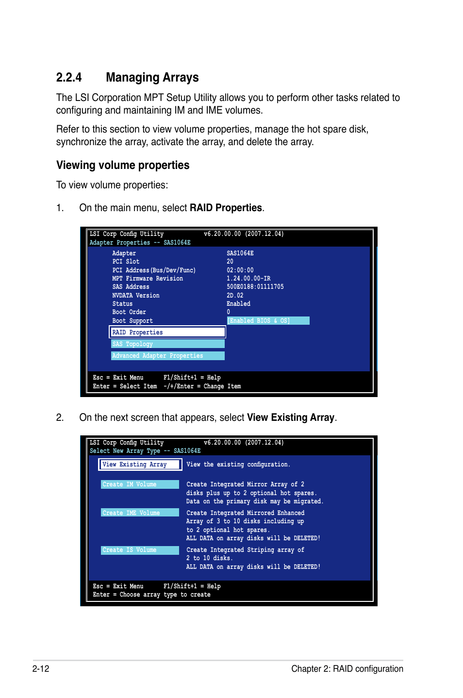 4 managing arrays, Managing arrays -12, Viewing volume properties | Asus LSISAS RAID Card PIKE 1068E User Manual | Page 22 / 42