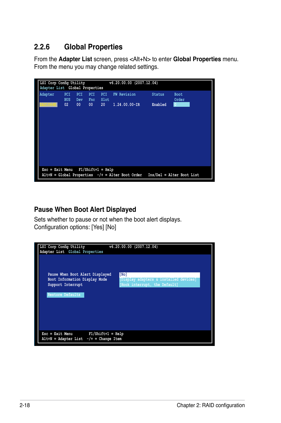 6 global properties, Global properties -18, Pause when boot alert displayed | Asus LSISAS RAID Card PIKE 1068E User Manual | Page 28 / 42