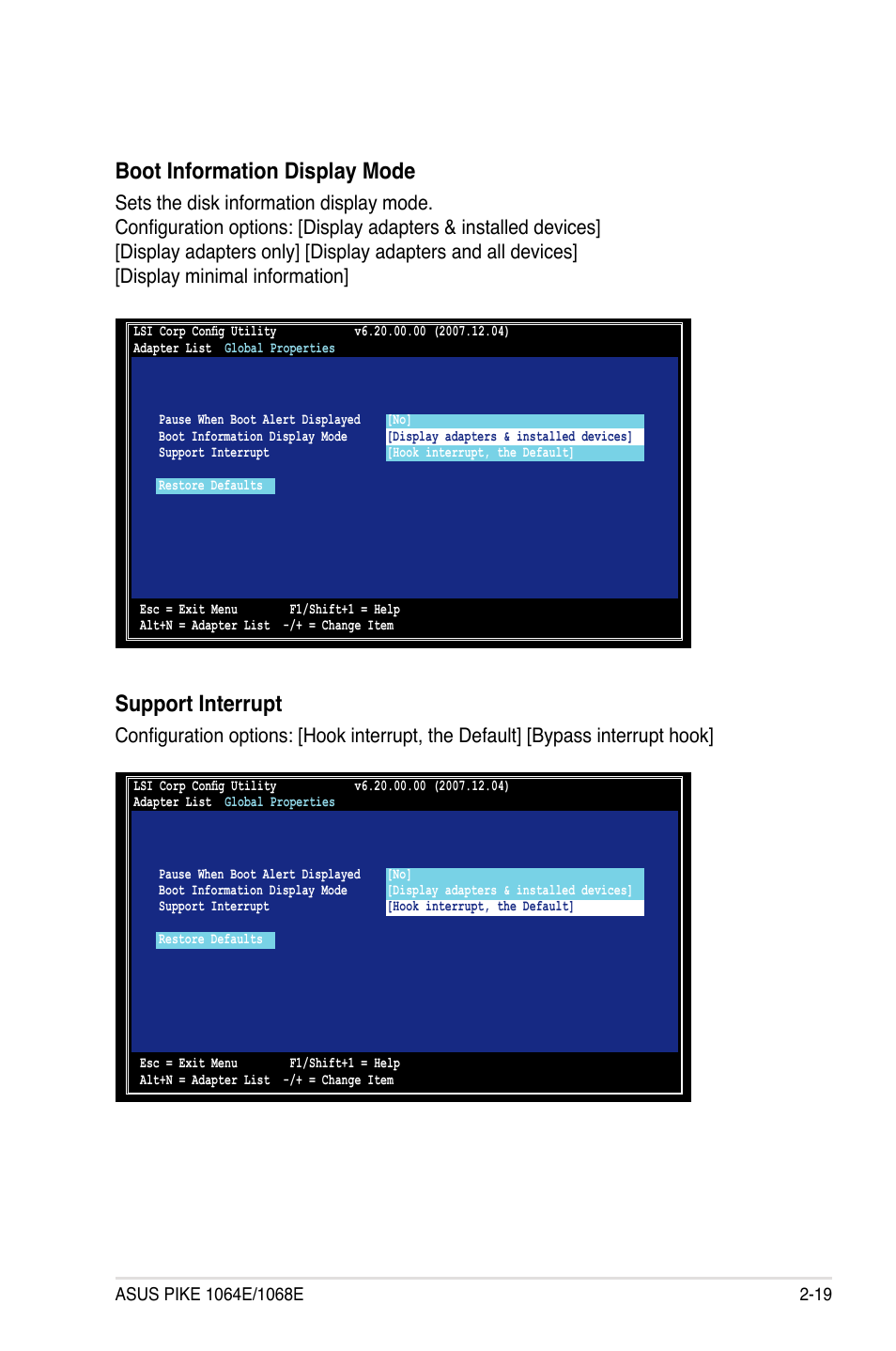 Boot information display mode, Support interrupt | Asus LSISAS RAID Card PIKE 1068E User Manual | Page 29 / 42