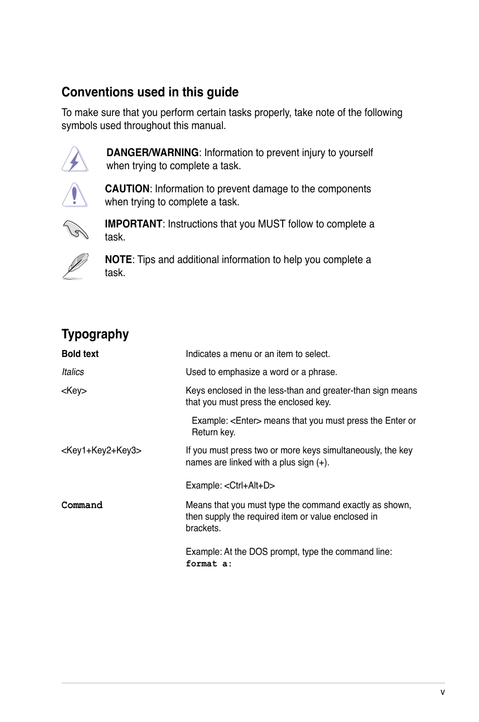 Typography, Conventions used in this guide | Asus LSISAS RAID Card PIKE 1068E User Manual | Page 5 / 42