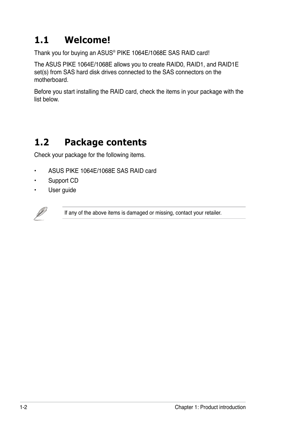 1 welcome, 2 package contents, Welcome! -2 | Package contents -2 | Asus LSISAS RAID Card PIKE 1068E User Manual | Page 8 / 42