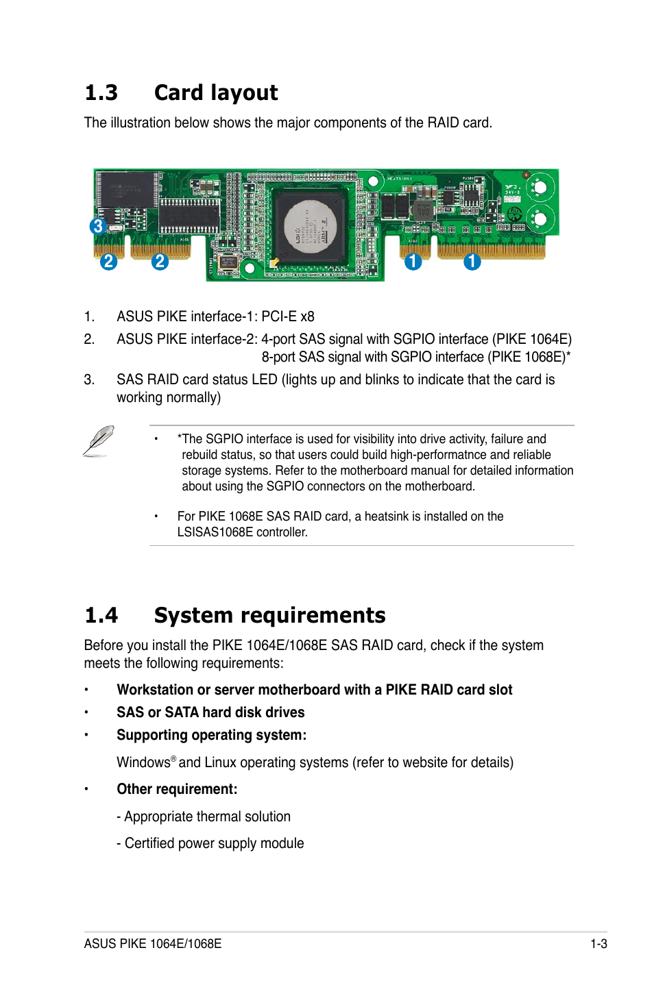 3 card layout, 4 system requirements, Card layout -3 | System requirements -3 | Asus LSISAS RAID Card PIKE 1068E User Manual | Page 9 / 42